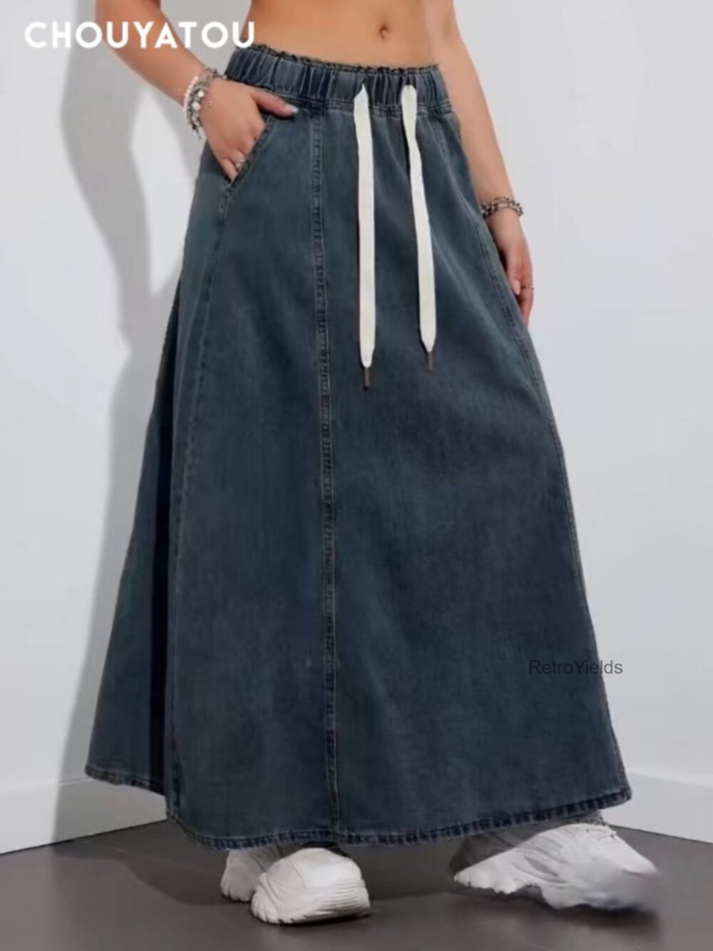 High Rise Flare Maxi Denim Skirt with Pockets, Elastic Waist, Bohemian Style - Picture 7 of 7